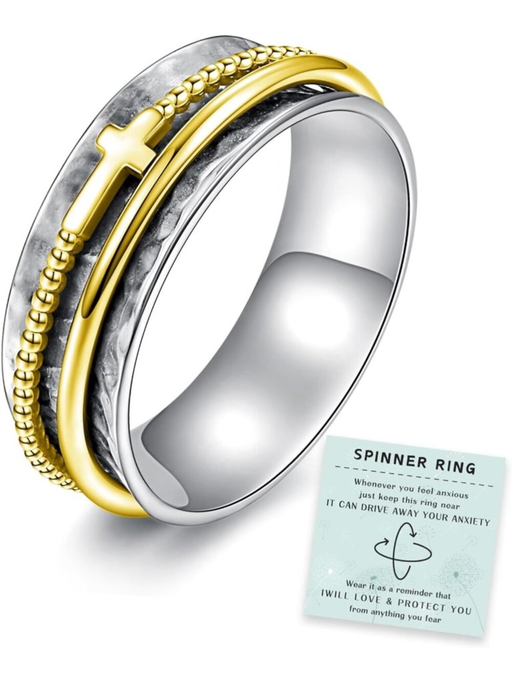 Sterling Silver Fidget Ring for Women - 925 Spinner Band, Wide Hammered Design